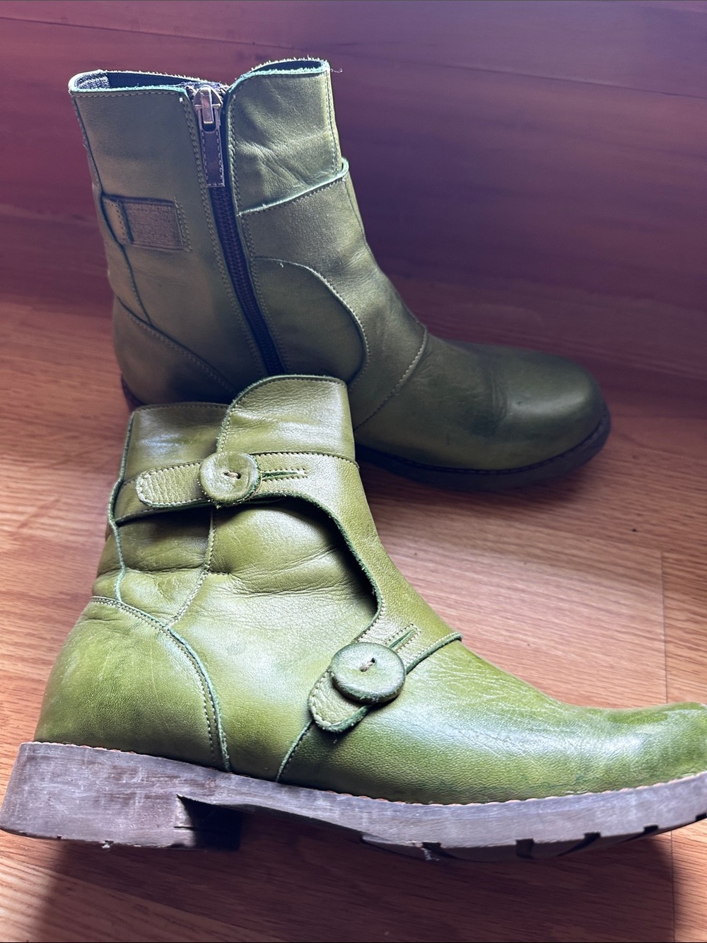 Jafa Olive Green Leather Ankle Boots with Button Strap Accent